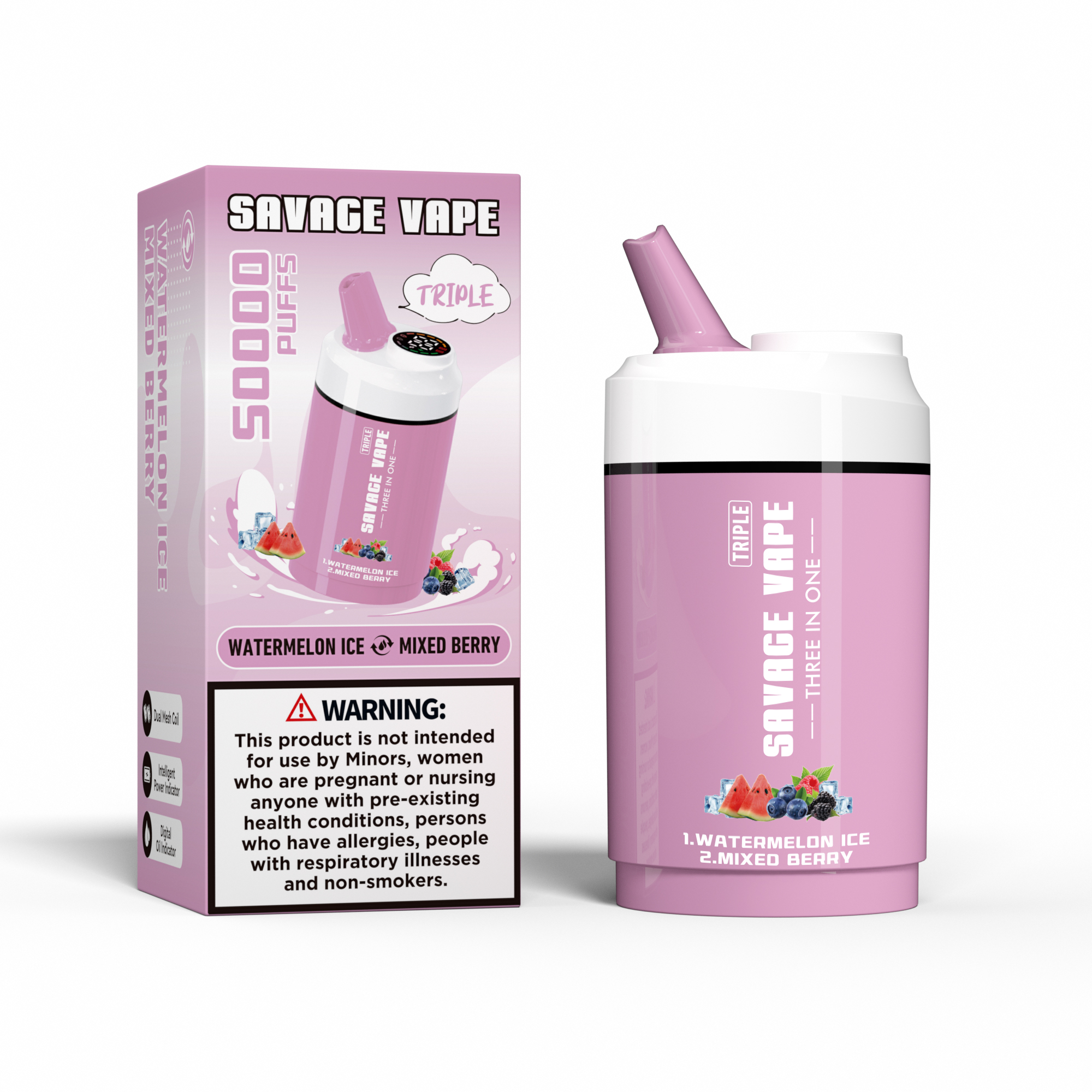 Savage Vape Triple 50000 Puffs 50k drei in One 3 in 1 Einwegvape Doppelgeschmacks-Wassermeloneneis & gemischte Beere