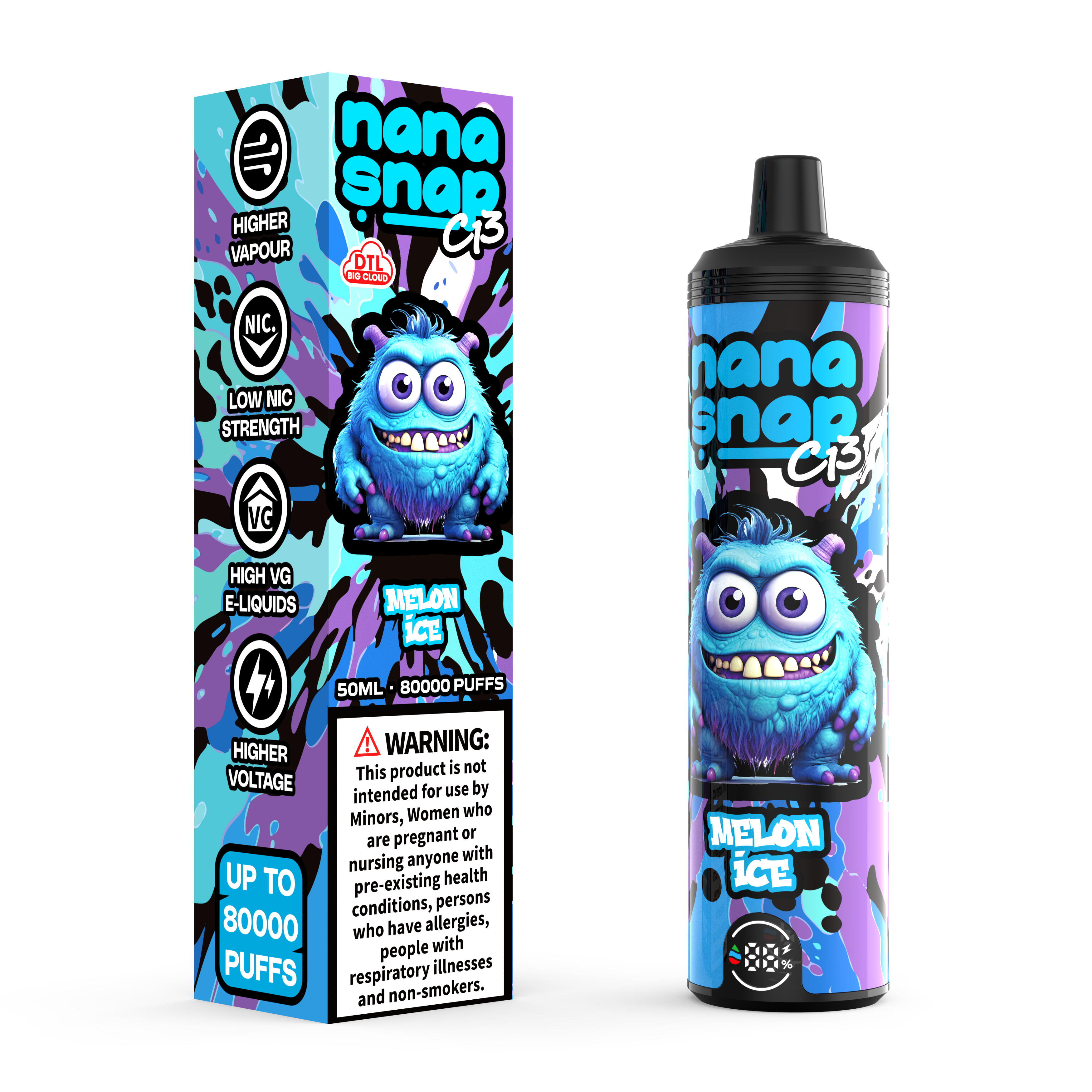 Hochwertige Nanasnap C13 80000 Puff 60000 50000 E Zigarette Pod Tasche Shisha DTL VAPER 50 ml E-Liquid Dual Mesh Spule EU Lagerhause Einwegvolf 80k 60k 50k-Meloneis