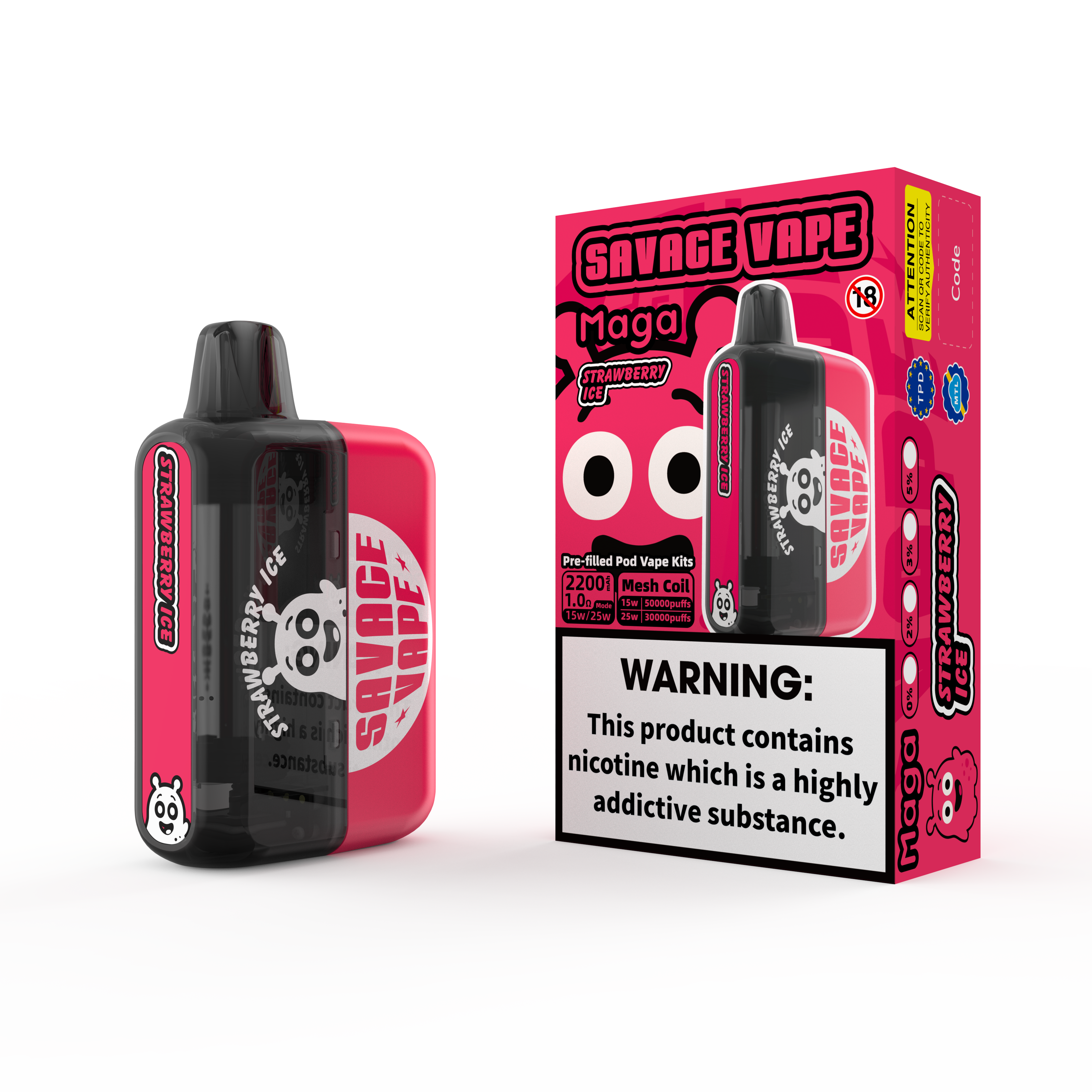 2025 Neues Design EU Warehouse Savage Maga 50000 Puff vorgefüllte austauschbare Patronen-Kits Einweg-Vape-Vape 50k-Strawberry-Eis