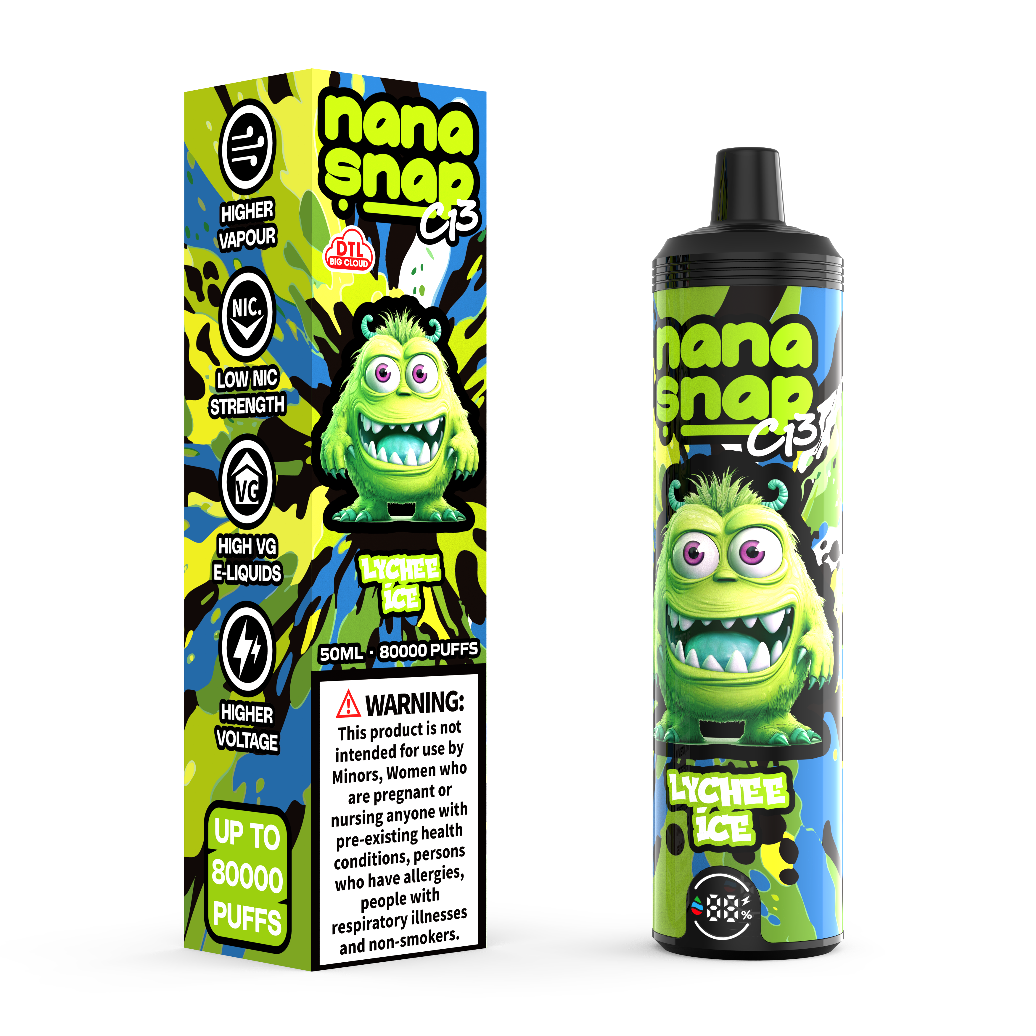 Hochwertige Nanasnap C13 80000 Puff 60000 50000 E Zigarettenschilde Tasche Shisa DTL VAPER 50ml E-Liquid Dual Mesh Spule EU Lagerhaus Einwegvolf 80k 60k 50 k-Lychee-Eis