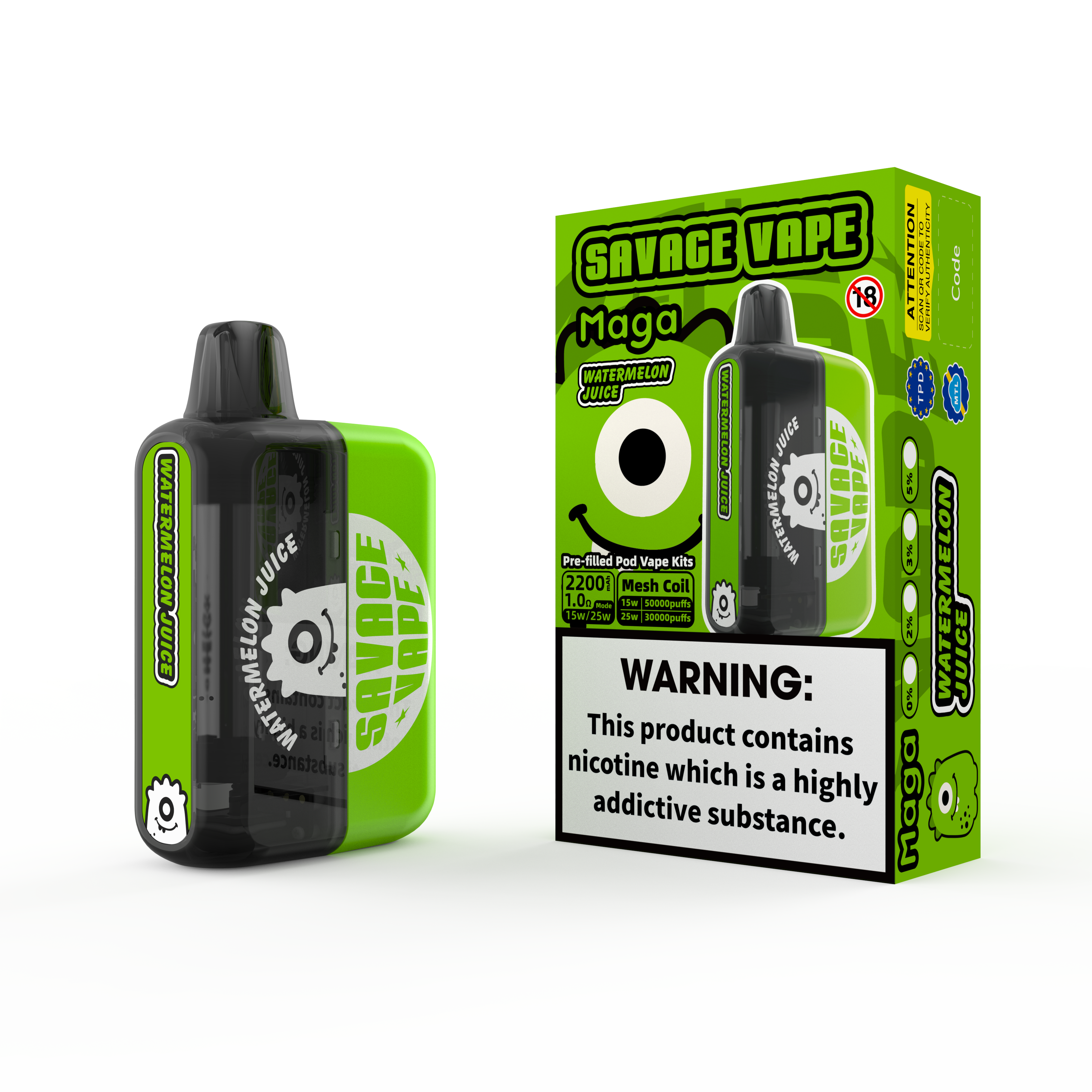 2025 Neues Design EU Warehouse Savage Maga 50000 Puff vorgefüllte austauschbare Patronen-Kits Einweg-Vape-Vape 50k-Wassermelonsaft