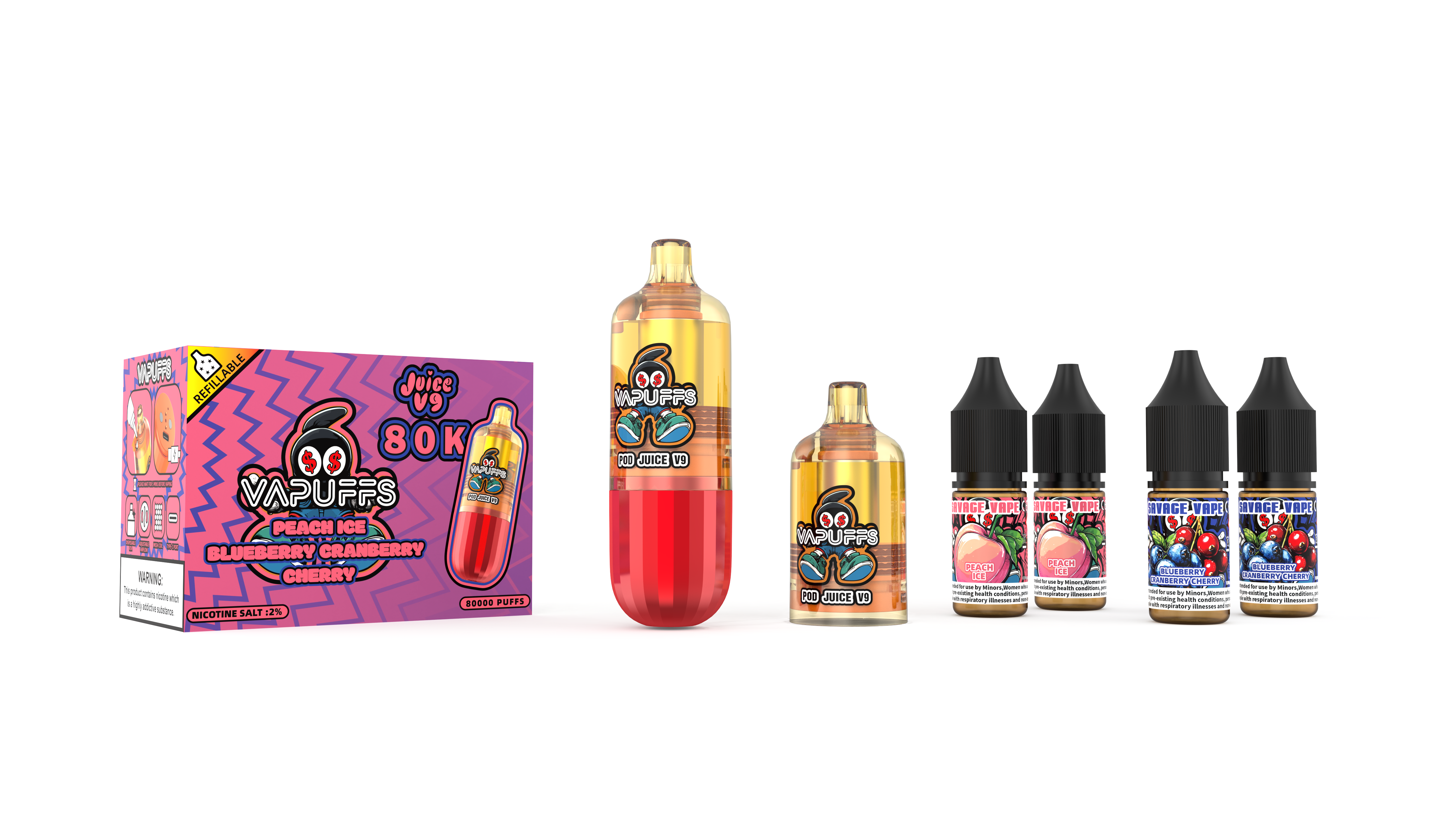 2025 Neues Design EU-Lager Vapuffs Juicy V9 80k Puffs Einweg-Nachfüllsets Pods +4 E-Liuqid Hochwertiges Vape-Pfirsich-Eis / Blaubeer-Cranberry-Kirsche
