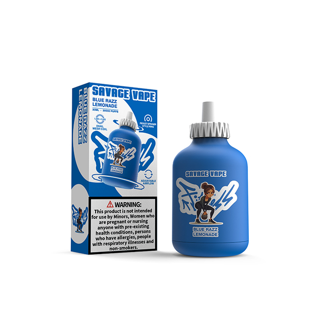 Savage Fitness 30000 Puffs Einweg-Vape 30k E-Zigarette, verstellbarer Luftstrom, 30 ml, Nic-Salz-Flüssigkeit – blaue Razz-Limonade