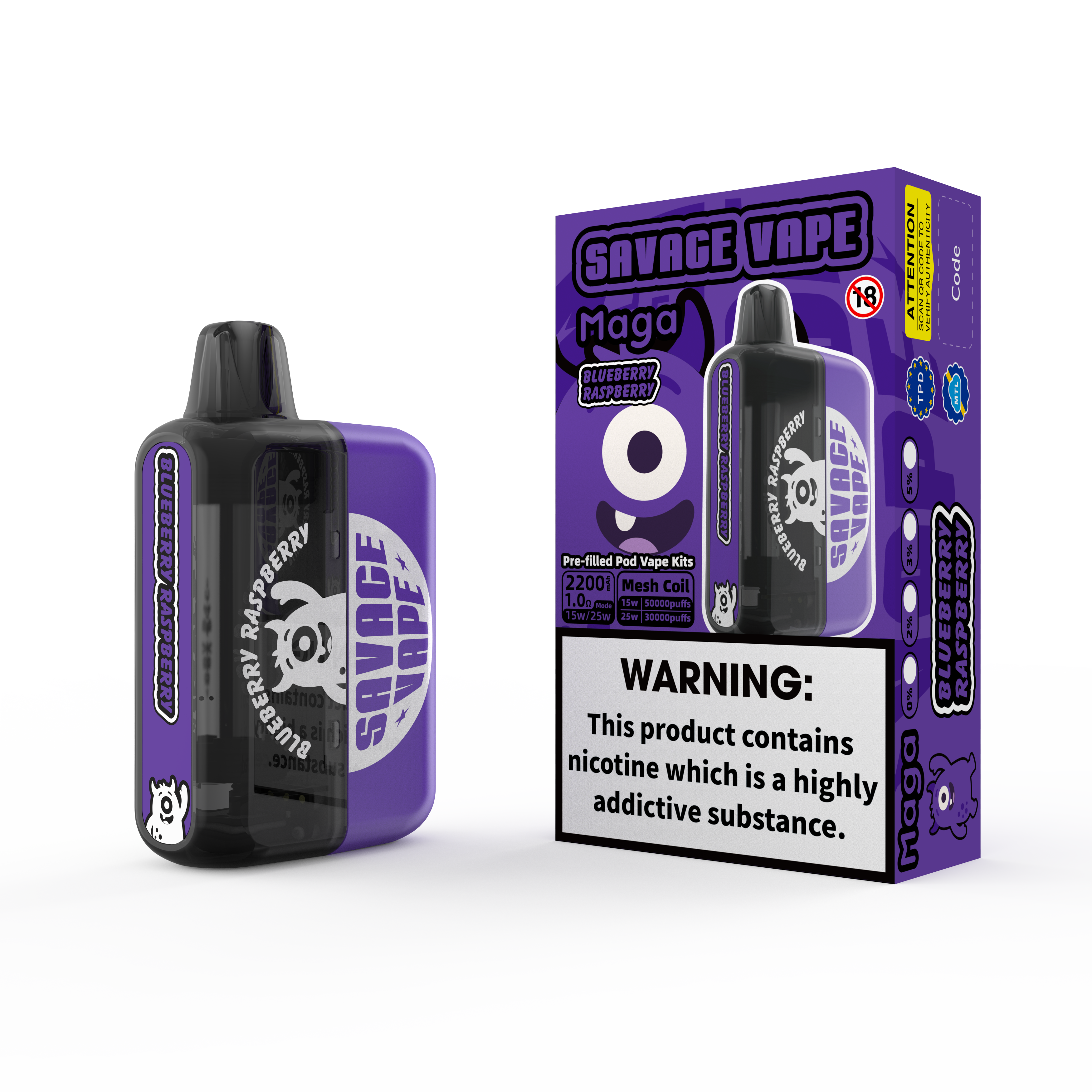 2025 Neues Design EU Warehouse Savage Maga 50000 Puff vorgefüllte austauschbare Patronen-Kits Einweg-Vape-Vape 50k-Bluberer-Raspberry