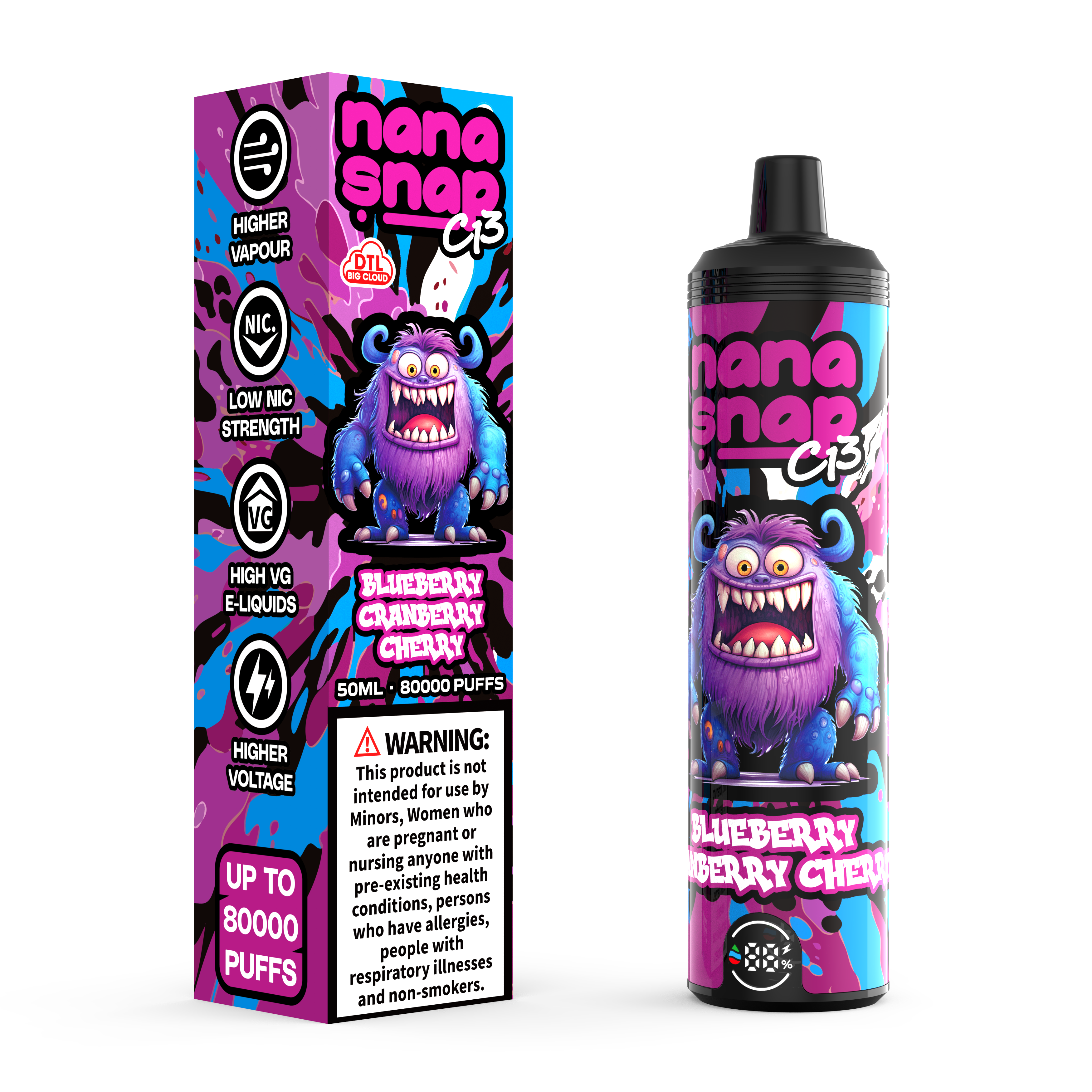 Hochwertige Nanasnap C13 80000 Puff 60000 50000 E Zigarettenschilde Pocket Shisa Dtl VAPER 50 ml E-Liquid Dual Mesh Spule EU Lagerhause Einwegvolf 80k 60k 50k-Bleuerbeer Cranberry Kirsche