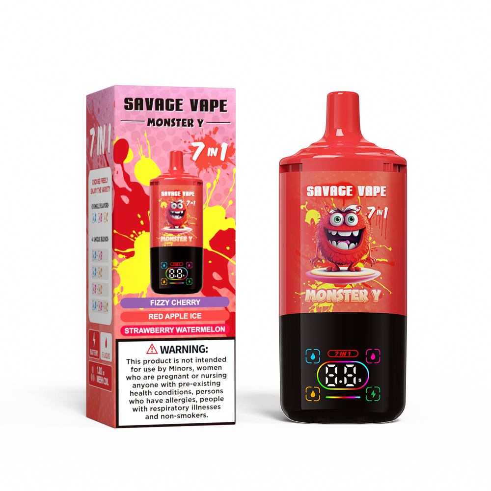 Top Sale Savage Monster y 80000 Puff 65000 50000 E Zigarette 7 in 1 Dual Mesh Coil Smart Display 30+30+30 ml E-Liquid EU Lagern verfügbares Einweg-Vape 80K 65K 50k-Fizzy Cherry & Red Apfeleise
