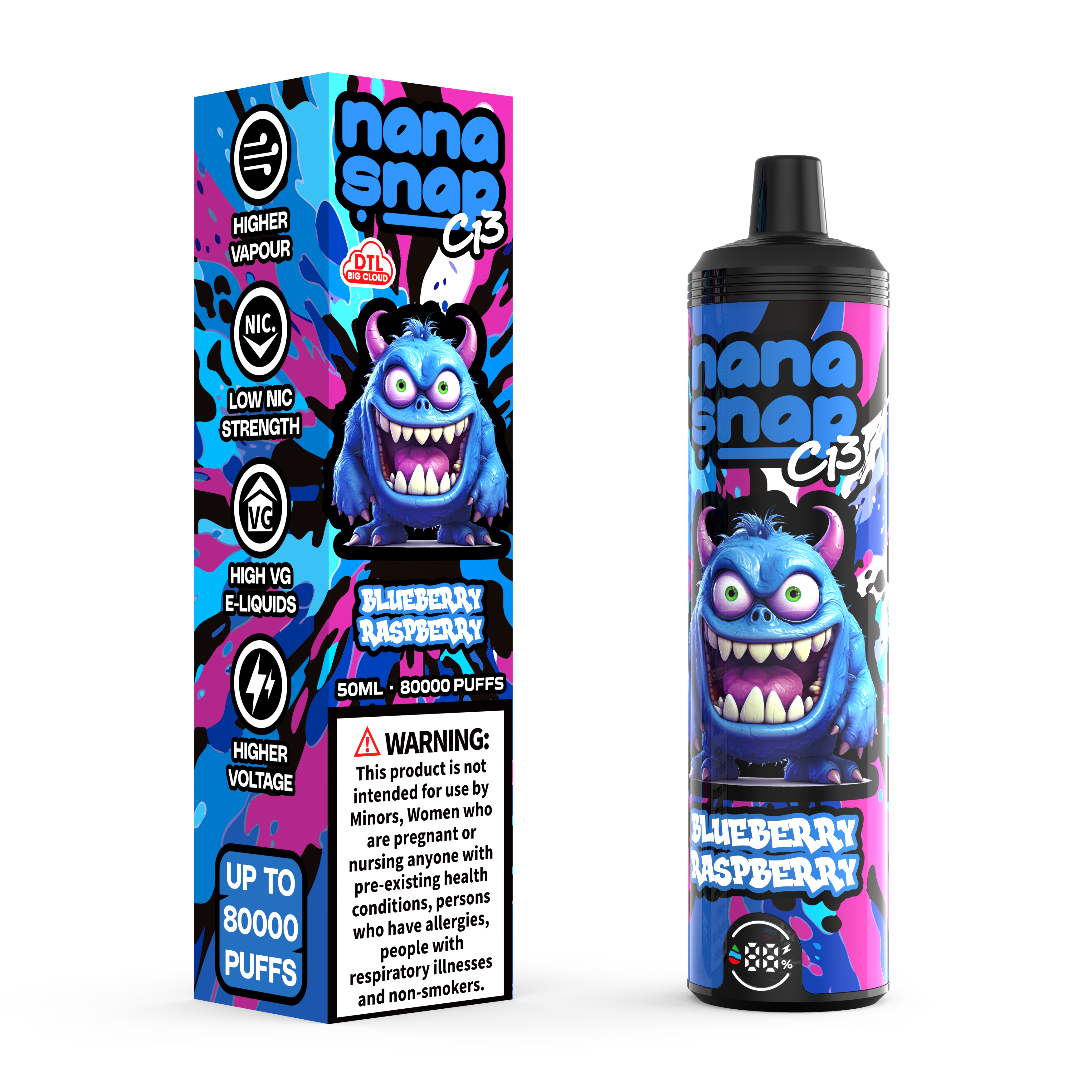 Hochwertige Nanasnap C13 80000 Puff 60000 50000 E Zigarette Pod Tasche Shisha DTL VAPER 50 ml E-Liquid Dual Mesh Spule EU Lagerhause Einwegvolf 80K 60K 50K-Bluberry Himbeere
