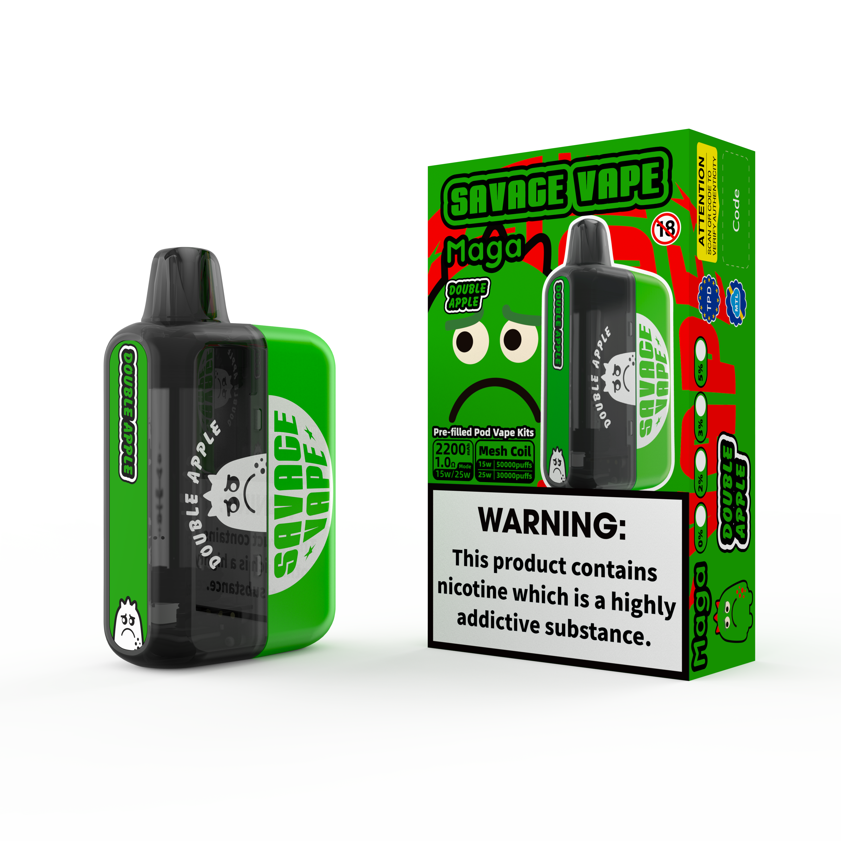 2025 Neues Design EU Warehouse Savage Maga 50000 Puff vorgefüllte austauschbare Patronen-Kits Einweg-Vape 50k-Double-Apfel