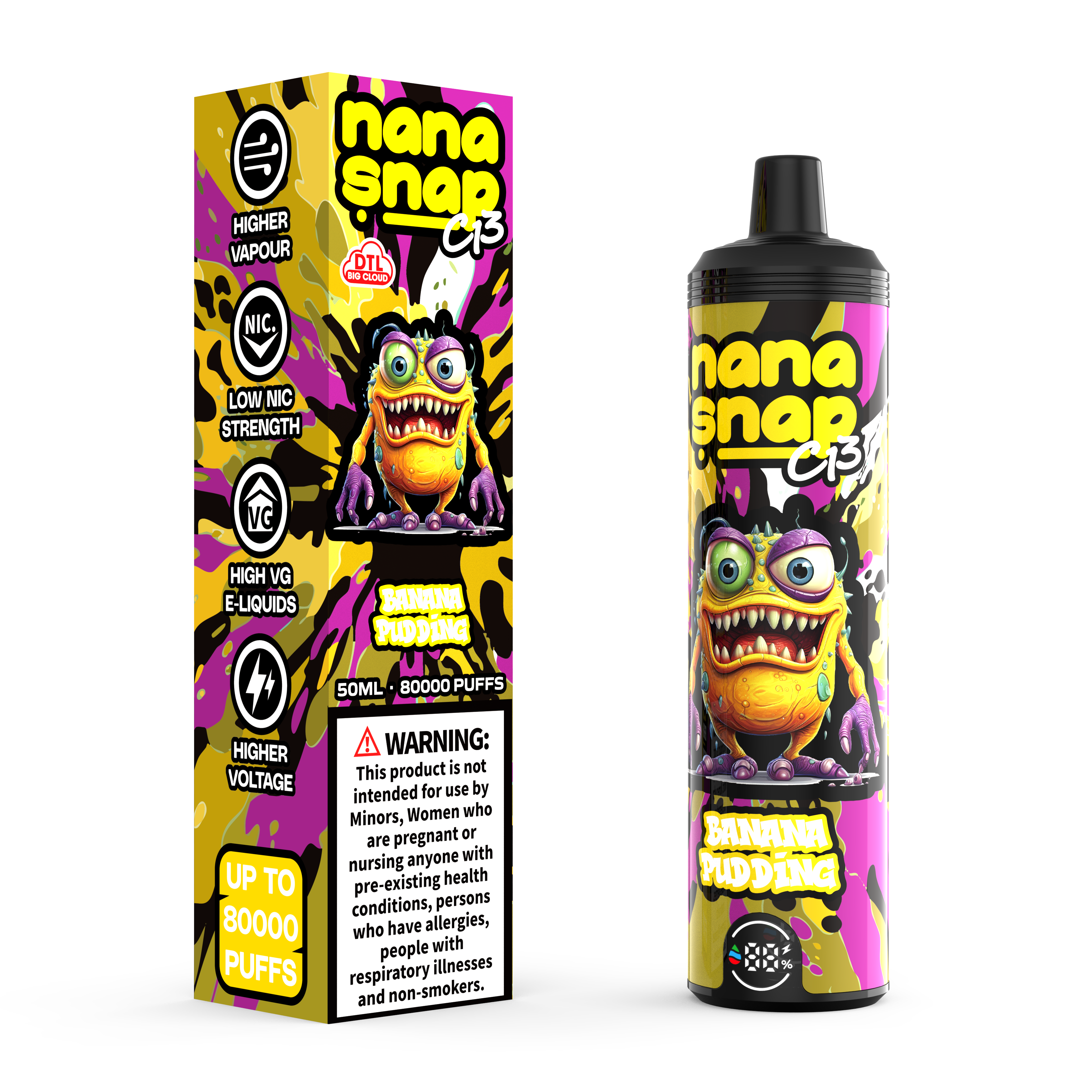 Hochwertige Nanasnap C13 80000 Puff 60000 50000 E Zigarette Pod Tasche Shisha DTL VAPER 50ml E-Liquid Dual Mesh Spule EU Lagerhause Einwegvolf 80k 60k 50k-Banana Pudding