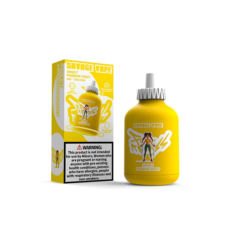 Deutschland Warehouse Savage Fitness 30K Puff 30000 Einweg-Vape-E-Zigarette, verstellbarer Luftstrom, 30 ml, 50 mg Nic-Salz-Flüssigkeit – süße Passionsfrucht