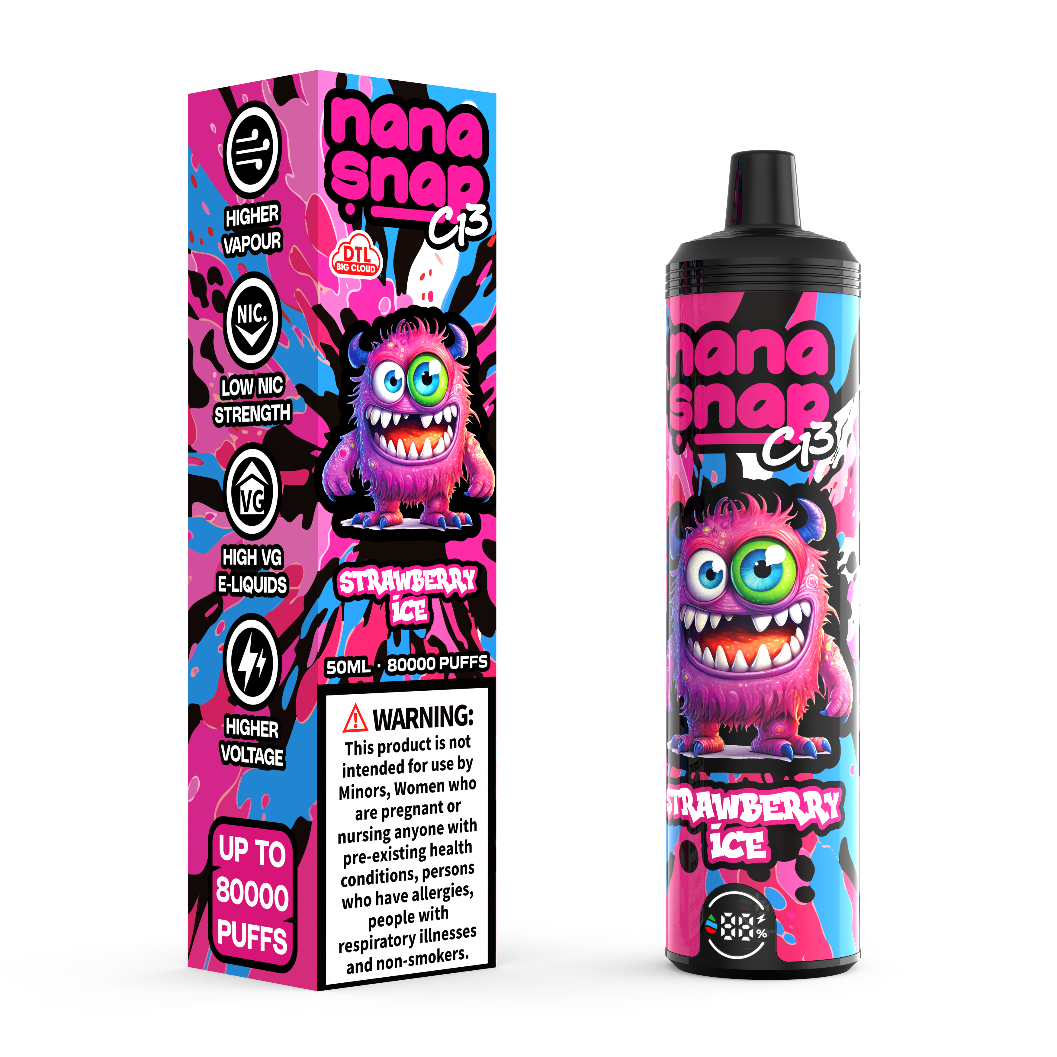Hochwertige Nanasnap C13 80000 Puff 60000 50000 E Zigarette Pod Tasche Shisha DTL VAPER 50ml E-Liquid Dual Mesh Spule EU Lagerhause Einwegvolf 80K 60K 50K-Strawberry-Eis