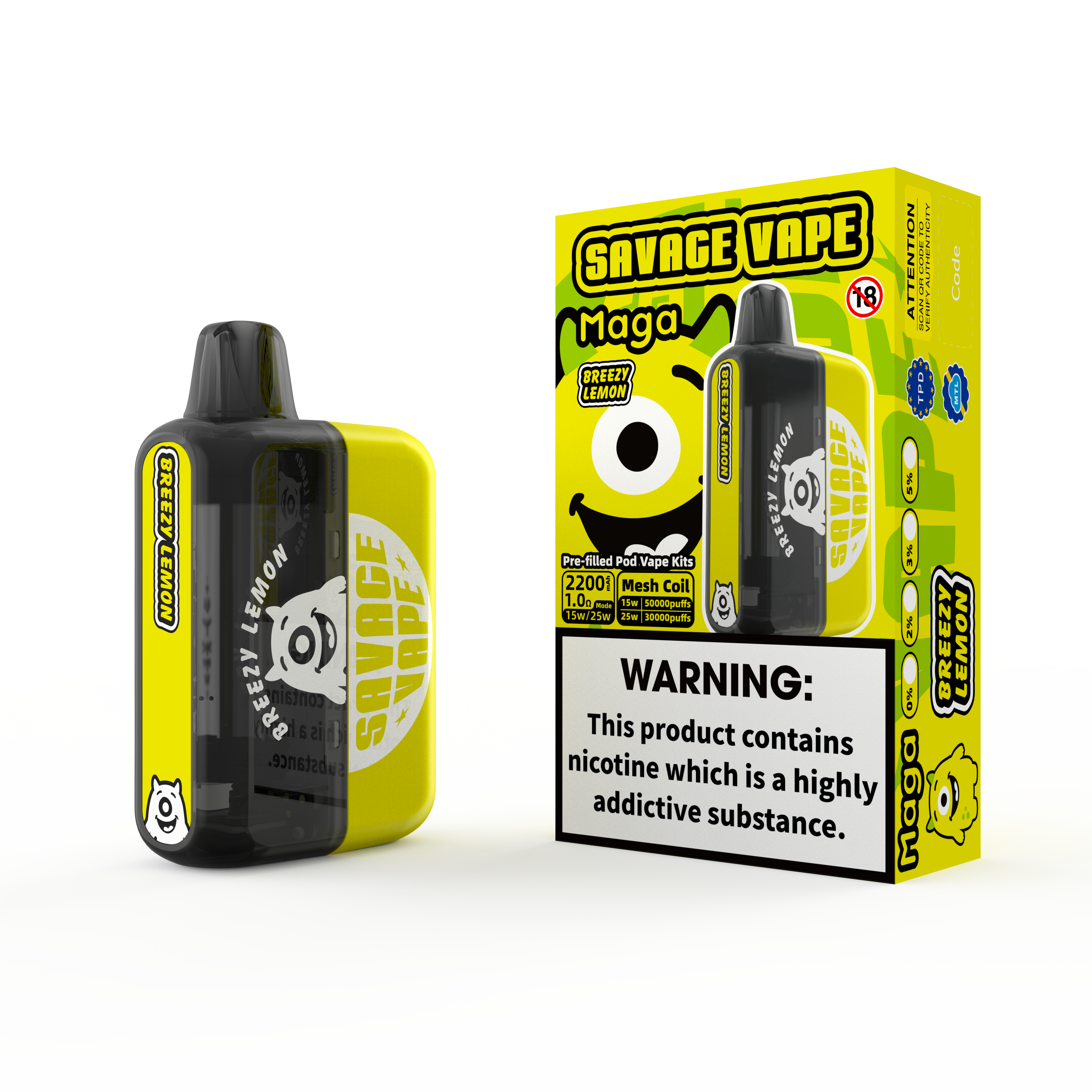 2025 Neues Design EU Warehouse Savage Maga 50000 Puff vorgefüllte austauschbare Patronen-Kits Einweg-Vape 50k-Brezy-Zitrone