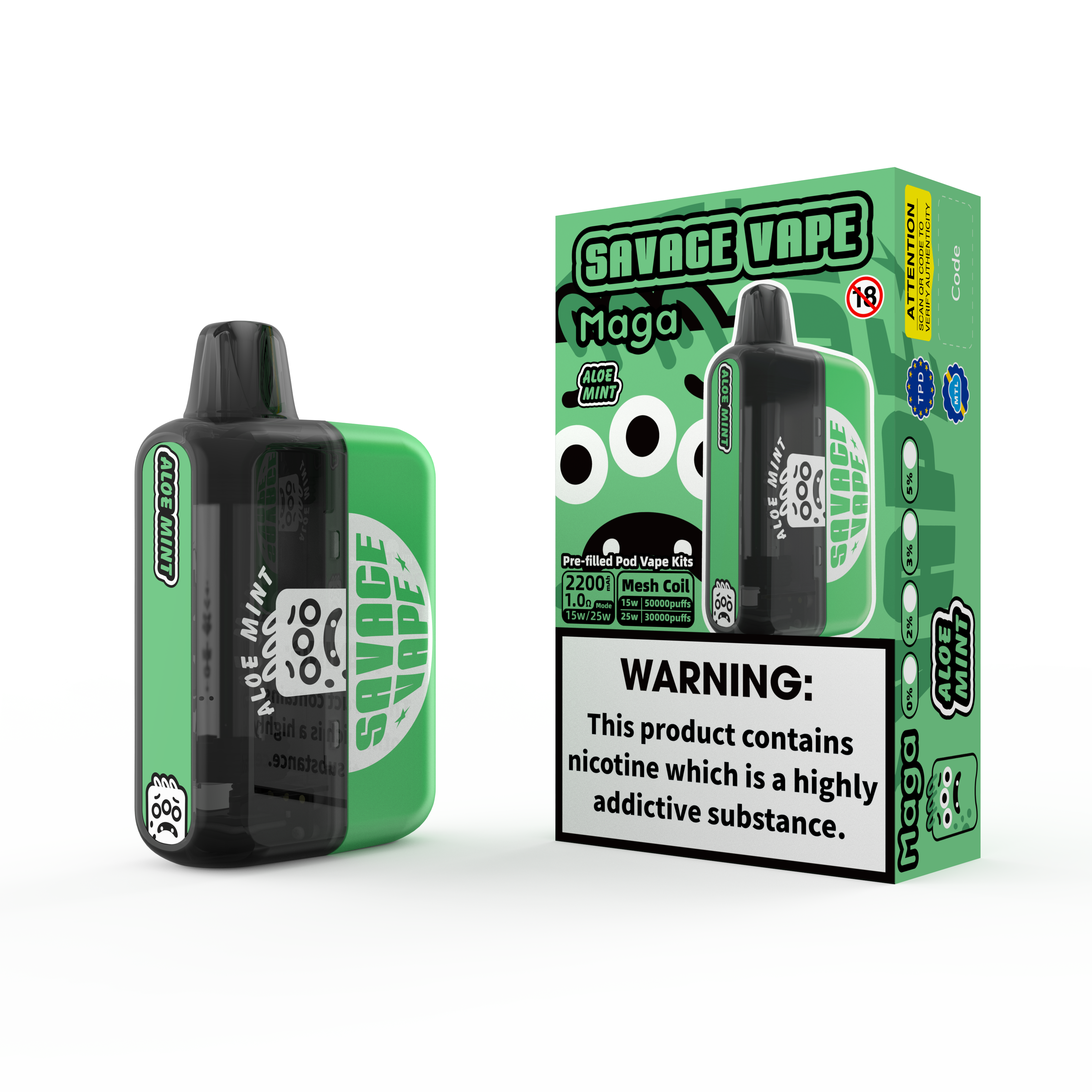 2025 Neues Design EU Warehouse Savage Maga 50000 Puff vorgefüllte austauschbare Patronen-Kits Einweg-Vape 50k-Aloe Mint