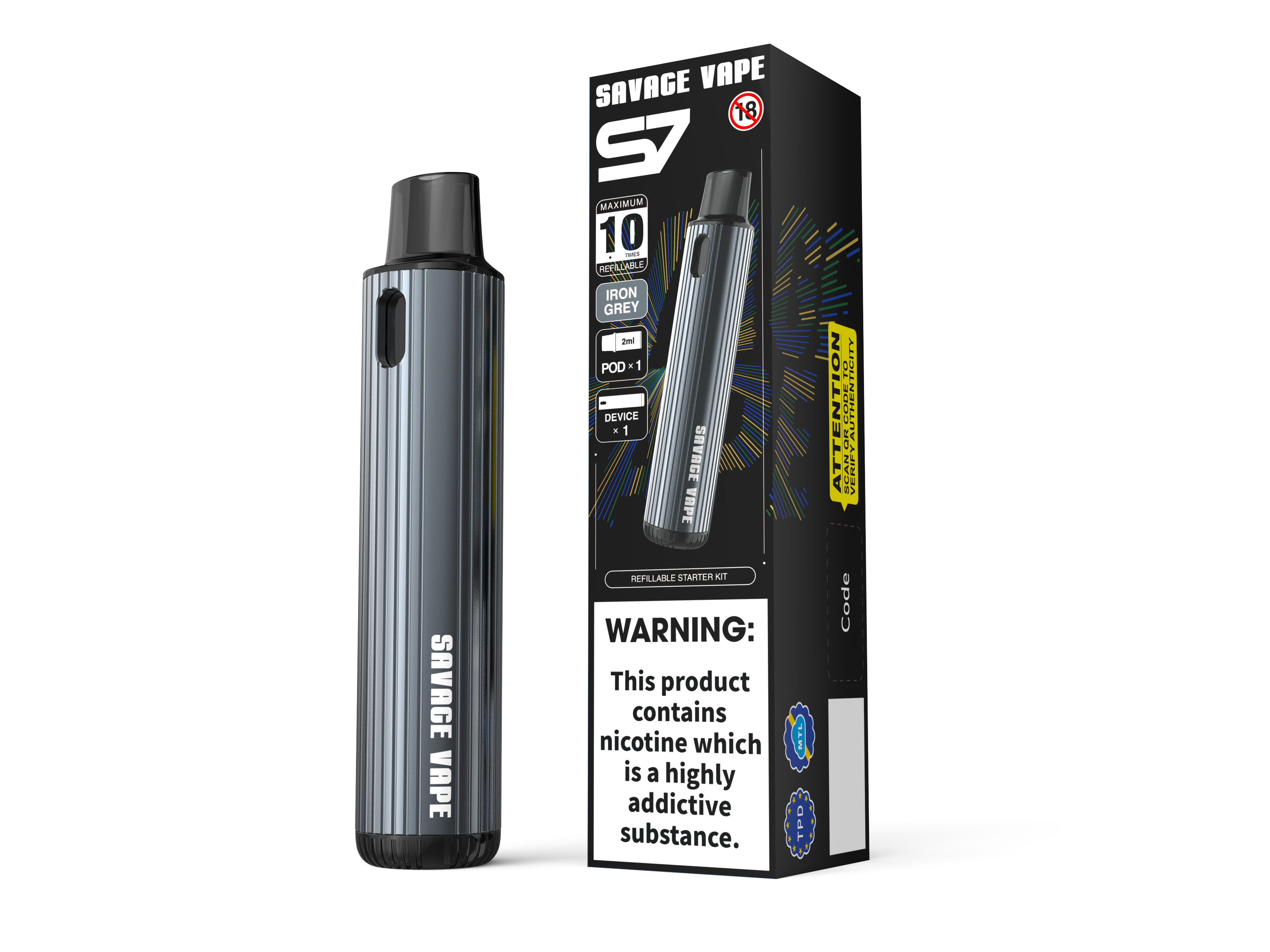 Savage Vape S7 Nachfüllbar austauschbar 2ml Pod Starter Kits Gerät 700mAh Batterie - TPD