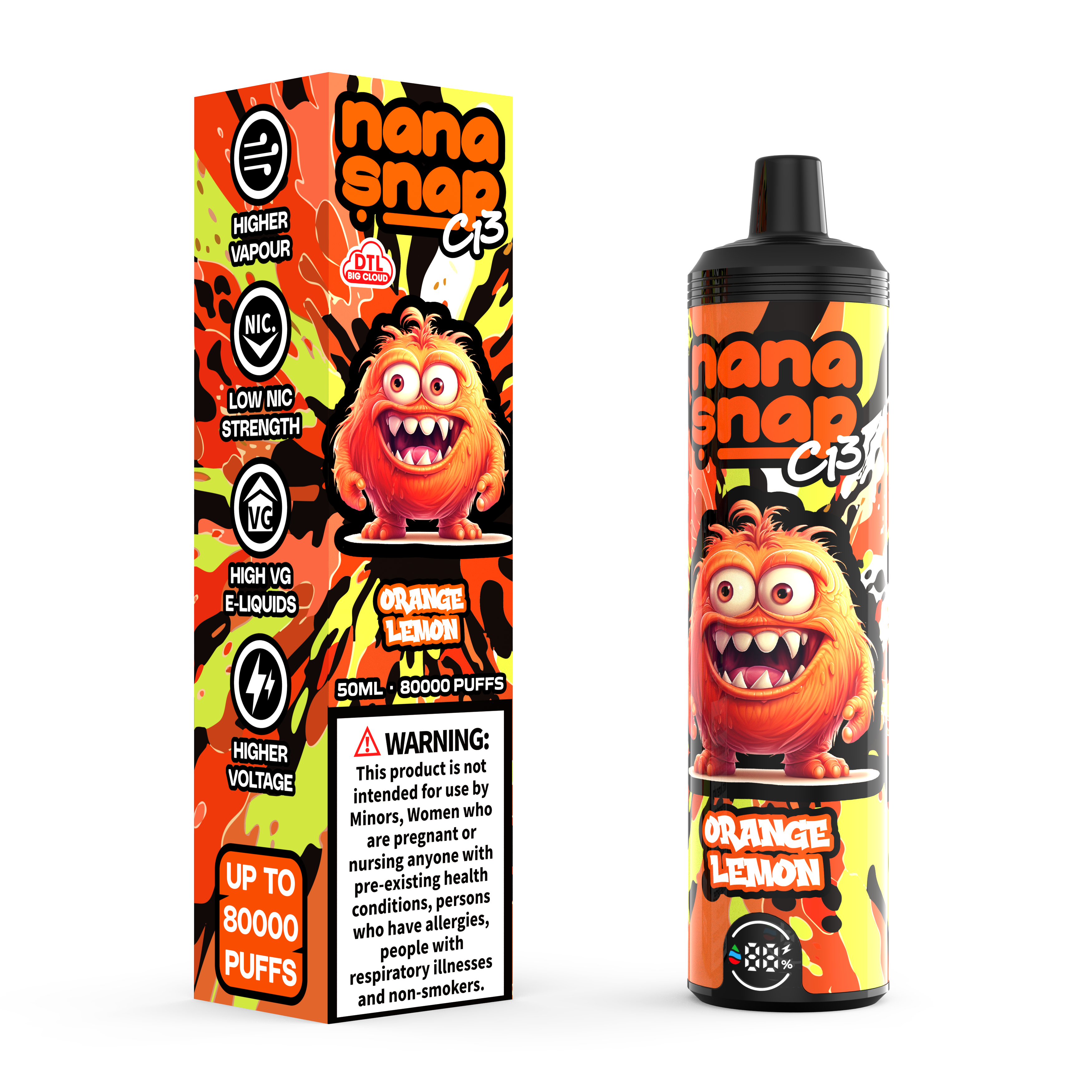 Hochwertige Nanasnap C13 80000 Puff 60000 50000 E Zigarette Pod Tasche Shisha DTL VAPER 50ml E-Liquid Dual Mesh Spule EU Lagerhause Einwegvolf 80k 60k 50 km-orange Zitrone