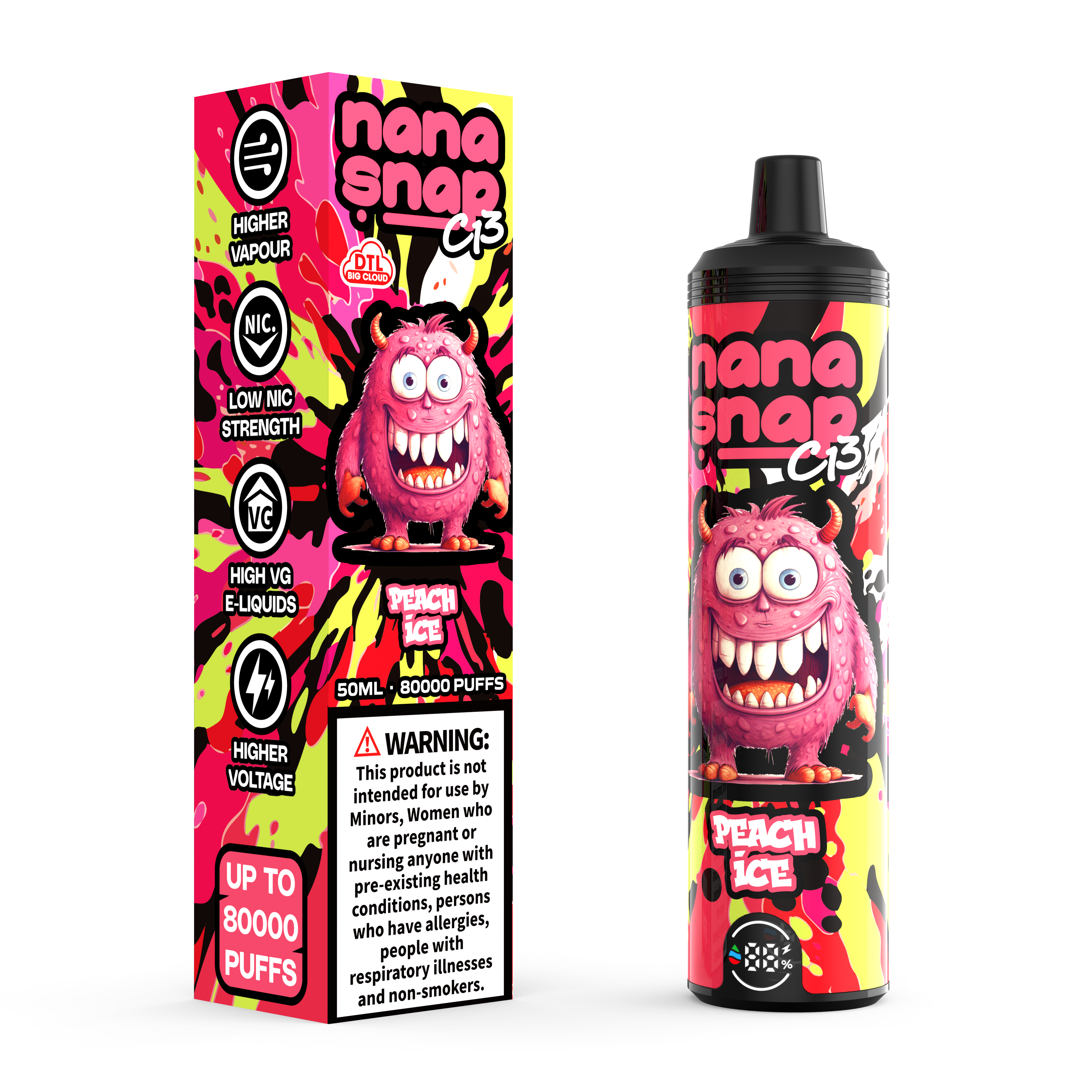 Hochwertige Nanasnap C13 80000 Puff 60000 50000 E Zigarette Pod Tasche Shisha DTL VAPER 50ml E-Liquid Dual Mesh Spule EU Lagerhause Einwegvolf 80k 60k 50k-Pfirsicheis