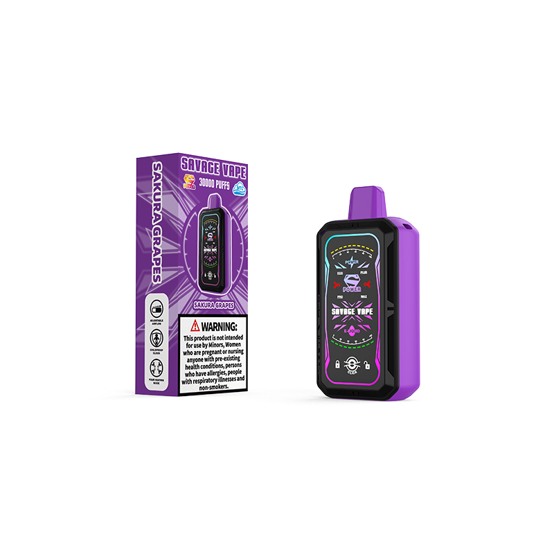 Savage S Power 30k Puff 30000 Einweg-Vape-E-Zigarette mit 700-mAh-Akku, vollem Display – Sakura Grape