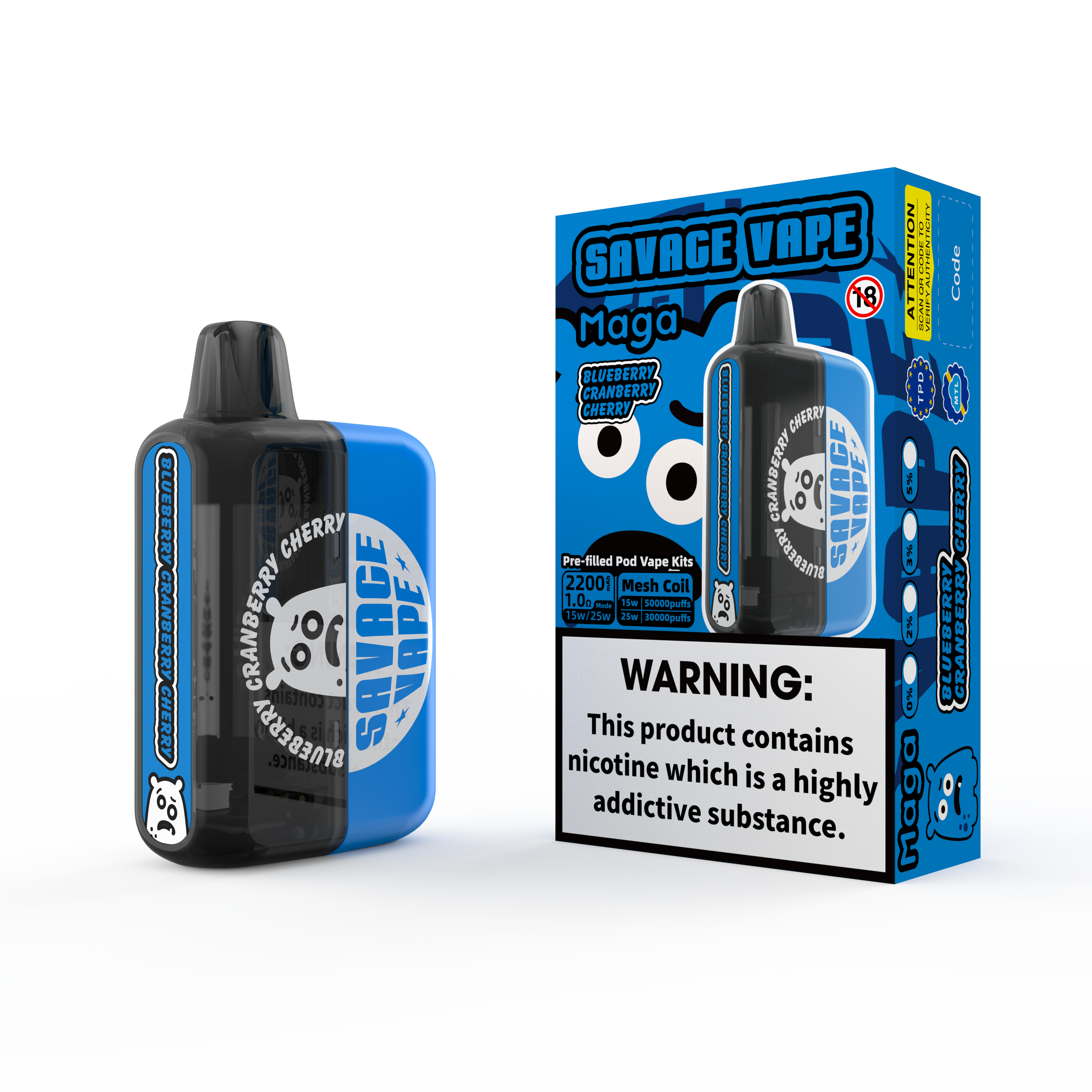 2025 Neues Design EU Lagerhaus Savage Maga 50000 Puff vorgefüllte Austauschstätte Kartusche Kits Einweg-Vape 50k-Bluberry Cranberry Cherry