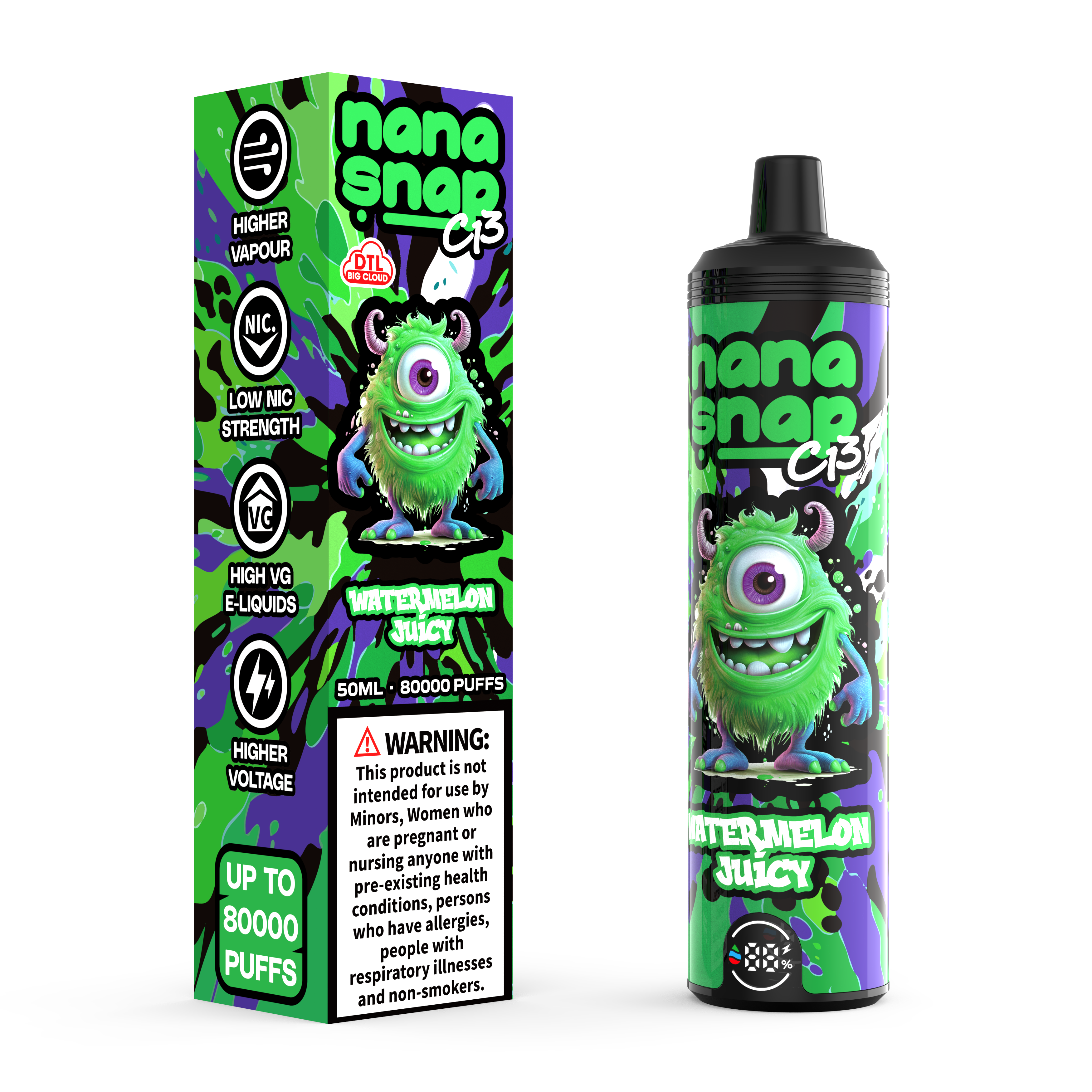 Hochwertige Nanasnap C13 80000 Puff 60000 50000 E Zigarettenschilde Pocket Shisa Dtl VAPER 50ml E-Liquid Dual Mesh Spule EU Lagerhause Einwegvolf 80k 60k 50k-Watermelon Safe