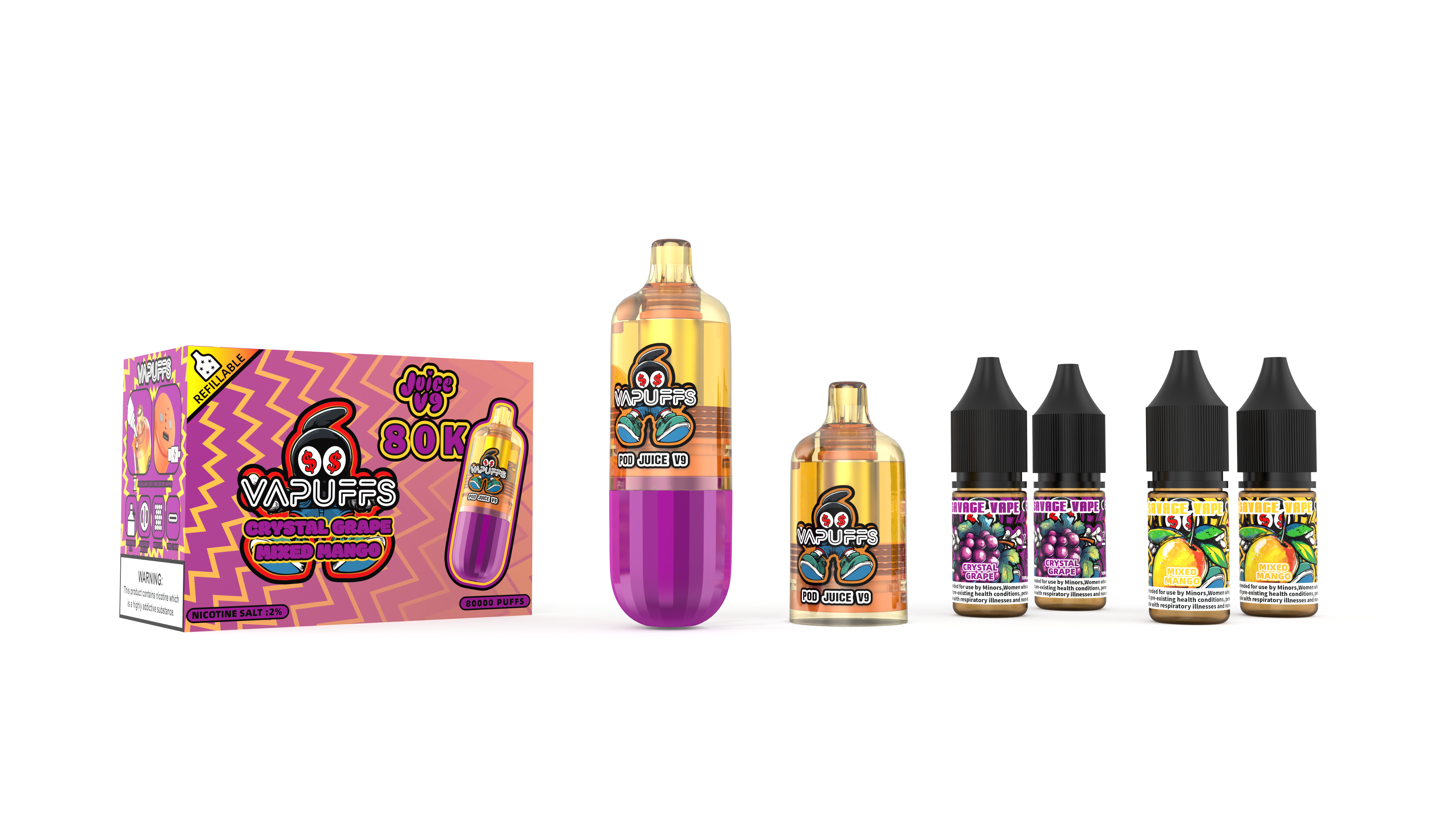 2025 Neues Design EU-Lager Vapuffs Juicy V9 80k Puffs Einweg-Nachfüllsets Pods +4 E-Liuqid Hochwertiger Vape-Wassermelonensaft / Kristalltraube